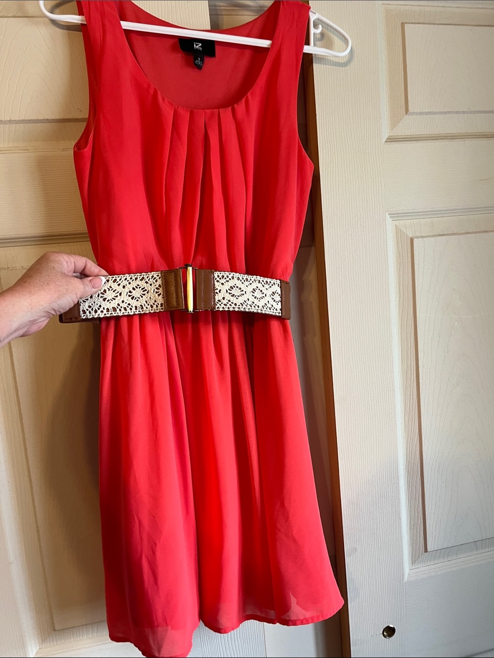 Iz Byer Coral Sleeveless Pleated Mini Dress with Decorative Belt